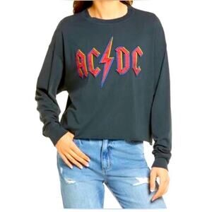 Daydreamer AC/DC Graphic Long Sleeve Crop Gray Tee ‎ Size S